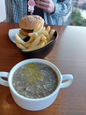 Mushroom soup, fries, Assam satay chickless burger at nomVnom Bistro - Clarke Quay in Central Singapore