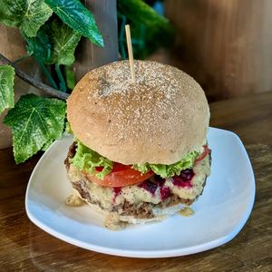 Vegan Beetroot Hummus Burger at nomVnom Bistro - Clarke Quay in Central Singapore