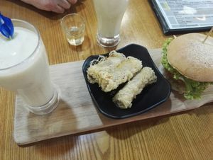 Banana smoothie, Vietnamese yam rolls and the Potato Croquette Burger at nomVnom Bistro - Clarke Quay in Central Singapore