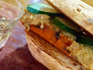 Otah burger $6.5 - soy & seaweed steamed patty (spicy!), mayo changed to hummus (top up $0.5), japanese cucumbers. Total cost $7. at nomVnom Bistro - Clarke Quay in Central Singapore