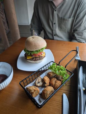 Lots of choices to choose from. We had a mushroom type burger, a soy beef type patty with black bean sauce, some fried mushrooms, and some egg tarts (especially tasty egg tarts). at nomVnom Bistro - Clarke Quay in Central Singapore