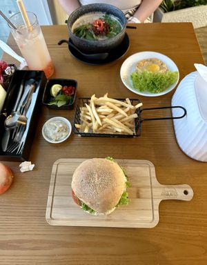 U2 Pho, Extra Vegan Fried Egg, Linosmane Mushroom Extreme Burger, Truffle Fries  at nomVnom Bistro - Clarke Quay in Central Singapore
