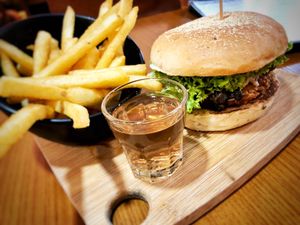 My order for the day Lion’s Mane Truffle Buger with fries at nomVnom Bistro - Clarke Quay in Central Singapore