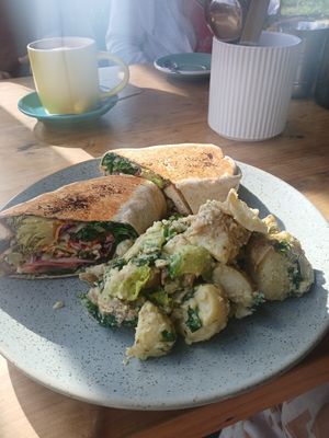 Salt and pepper tofu wrap with potato salad at CERES Market in Brunswick East