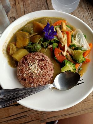 Green curry with brown rice at La Carotte Qui Rit in Koh Tao