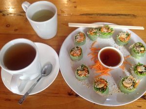 Lemongrass/Ginger Tea & Broad Noodle Wrap w/ Seitan Sausage  at La Carotte Qui Rit in Koh Tao