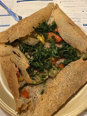 Vegan crêpes spinach and “vegetables of the sun” (zucchini - egg plant - re pepper)  at Mad'eo in Paris