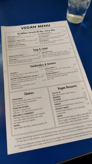 Vegan menu at Monty's Blue Plate Diner in Madison