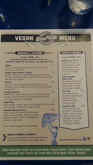 vegan menu  at Monty's Blue Plate Diner in Madison