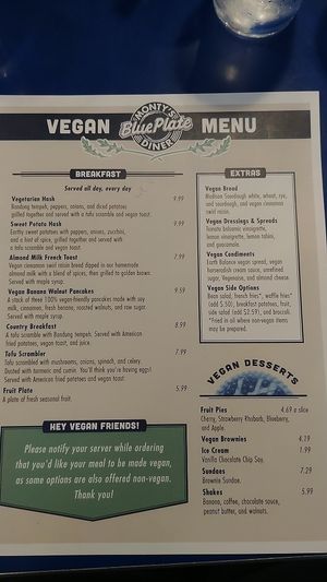 vegan menu  at Monty's Blue Plate Diner in Madison