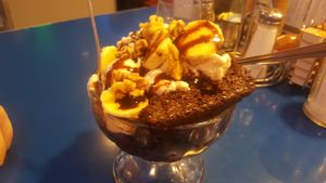 Brownie sundae with bananas & walnuts at Monty's Blue Plate Diner in Madison