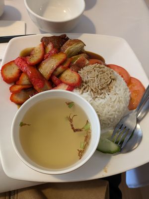 Rice with mock duck and mock pork at Vegie Hut in Box Hill