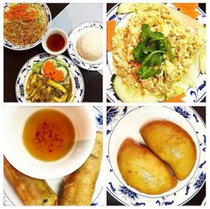 imitation chicken curry, tofu salad, spring rolls and crescent rolls.  at Trang Viet Cuisine in Tampa
