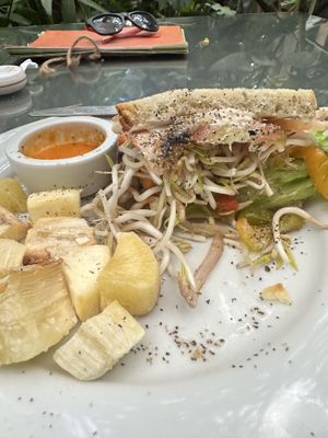 Bitten veggie sandwich w fries  at Soya Nutribar in San Salvador