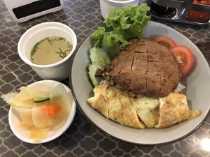 Japanese rice bowl, comes with soup and pickled veggies ($2) at Pidoa Nature in Phnom Penh