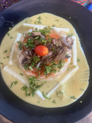 Torta de banana da terra e aipim no molho de castanha  at Vegan Vegan in Rio De Janeiro