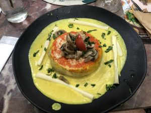 Delicious tart with plantain, potato, onion and a tasty sauce  at Vegan Vegan in Rio De Janeiro