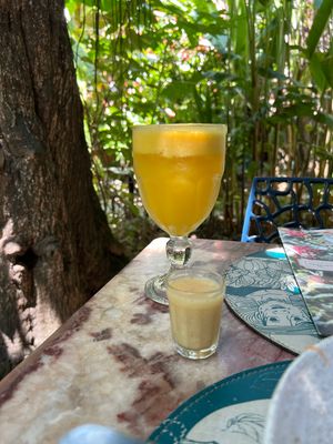 Maracujá juice with ginger and a shot of ginger mix( non alcohol)  at Vegan Vegan in Rio De Janeiro