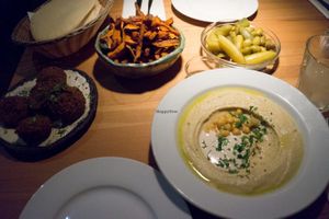 hummus, falafel, sweet potato fries, pide & olives at Djimalaya in Berlin
