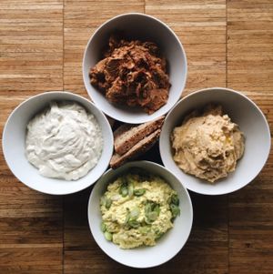 homemade vegan cream, vegan 'egg' paste, hummus and pesto (during the Sunday brunch) at Barkett in Berlin