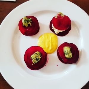 Beets raviolli w cashew ricotta at Veganized in New Brunswick