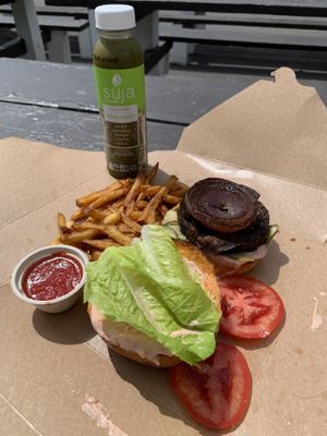 Deluxe burger, fries, apple greens juice  at Veganized in New Brunswick