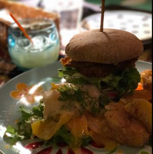 Double dabkatsu (pile of two cutlets) burger  at Hiruneko Shokudou in Itoshima