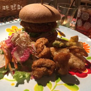 Burger set with organic tea~ at Hiruneko Shokudou in Itoshima