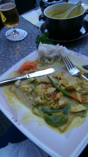 Rice with vegan chicken in curry sauce at Markt 28 in Kaiserslautern
