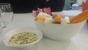 Starter - amazing sauce with raw veg at Pinzimonio in Venice