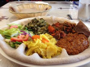 Veggie combo plate (misir wat, gomen, tikel gomen, & fosolia) at Cafe Lalibela in Tempe