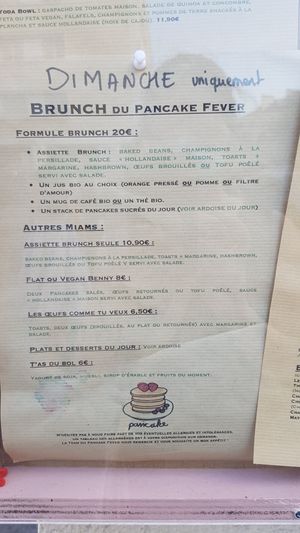 Menu brunch at Pancake Fever in Caen