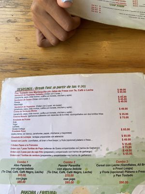 Menu at India Town in Mexico City