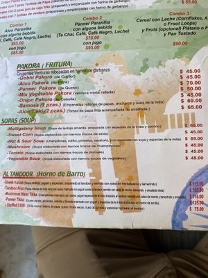 Menu at India Town in Mexico City