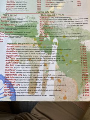 Menu at India Town in Mexico City