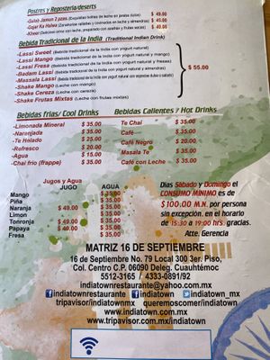 Menu at India Town in Mexico City