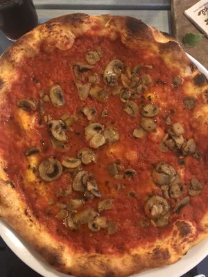 Pizza with marinara sauce and olive oil with mushrooms,no more vegan cheese :,( at Pizzeria Capri in Jesolo