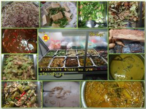 WanChat Vegan daily menus with Self Service corner one dish only 25 THB Thai baht, about 0.80 USD with Sang-Yod grain rice very famous G.I. product of Phatthalung province.  For additional dish is 10 THB, Thai desserts, Thai herbal juices is 10 THB. at WanChat in Phatthalung