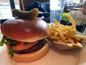 Vegan burger and fries  at Busboys and Poets - Carroll St in Washington
