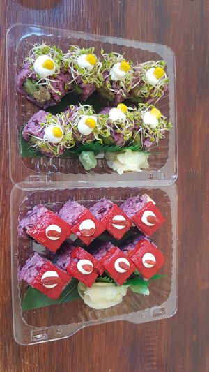 Sushi served in disposable plastic at The Root in Wroclaw