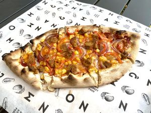 Turkish pizza with shawarma. 25 zł at Mango Vegan Street Food - Bracka in Warsaw
