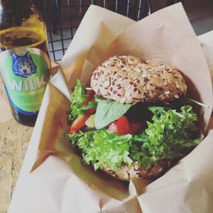 beer of the house stark and the quinoa burger with mango jelly at Mango Vegan Street Food - Bracka in Warsaw
