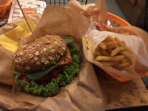 Burger and chips at Mango Vegan Street Food - Bracka in Warsaw