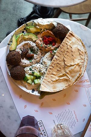 falafel, hummus, pita platter.  at Mango Vegan Street Food - Bracka in Warsaw