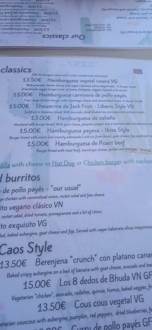 Part of the menu, note VN is Vegan at Caos in Ibiza
