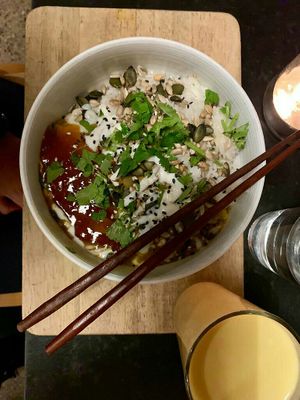 Dhal (lentil curry) with rice and chutney at Orangebox in Munich
