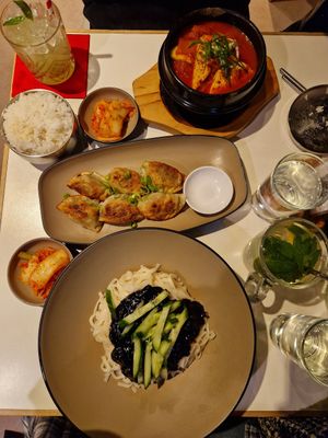 Black bean noodles, fried vegan dumplings, kimchi soup at YamYam in Berlin