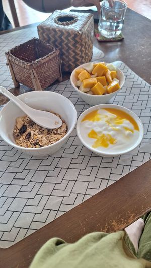 Homemade Yogurt, muesli and fruit (vegan options available too) at Lin's Cafe in Savannakhet