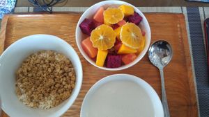 Fruit muesli  with warm coconut milk at Lin's Cafe in Savannakhet