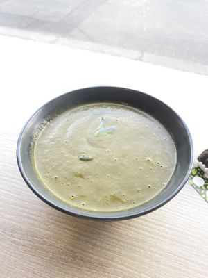 Spinach soup as part of the daily menu  at Veggie Garden in Prague